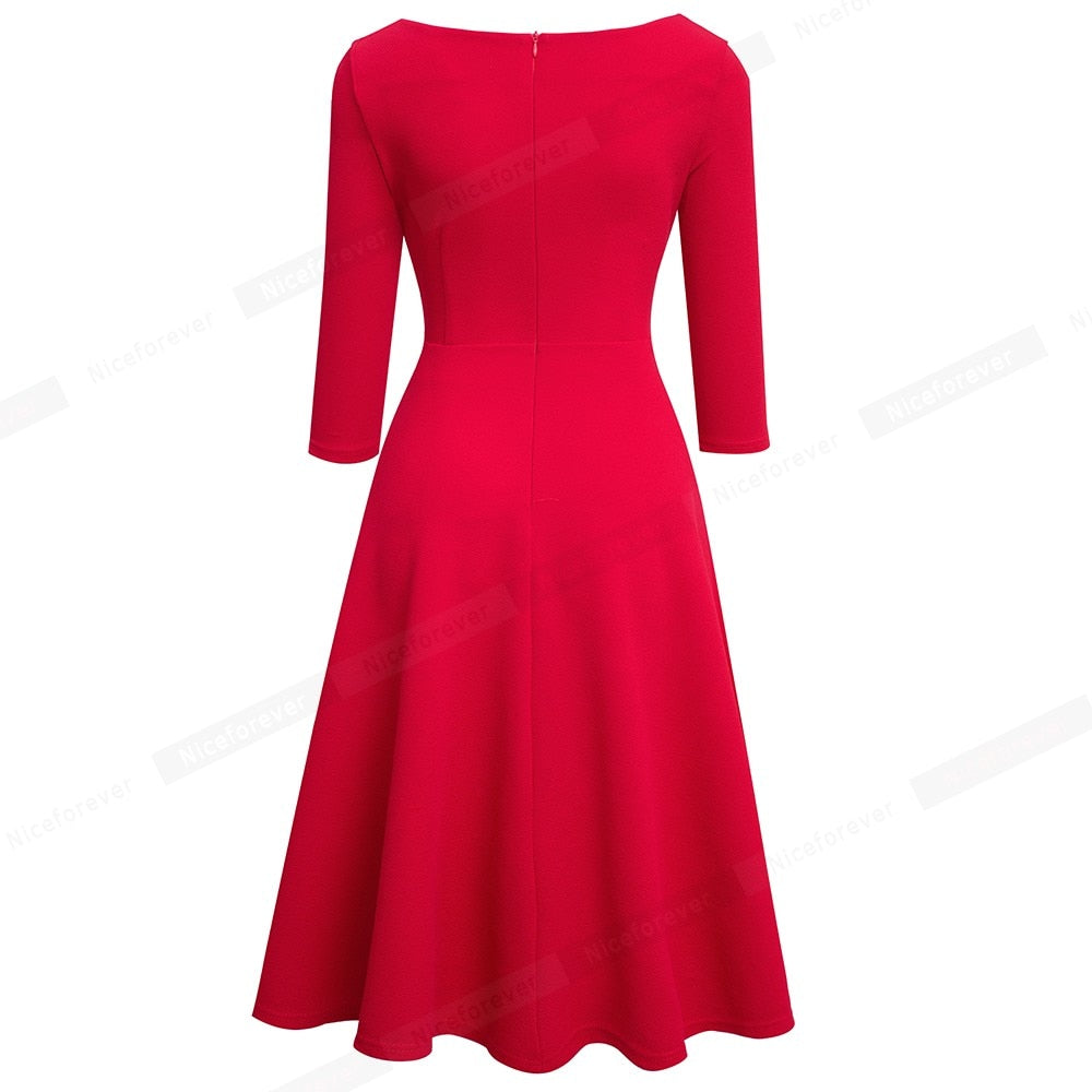 Women Fashion Solid Color Sexy Low Cut Dresses Cocktail Party Elegant Flare A-Line Dress