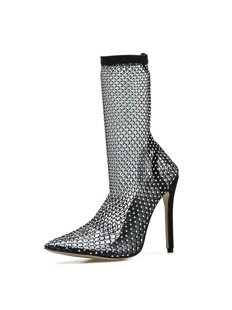 New Design Crystal Rhinestone Mesh Stretch Fabric Sock Boots Fashion PVC Transparent Pointed Toe Shoes Sexy High Heels