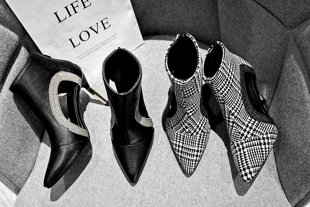 Fashion 2023 Spring Autumn Women Boots 9CM Thin Heels Hollow Leather Short Sandals Boot Black White Ladies Shoes Plus Size 42 43