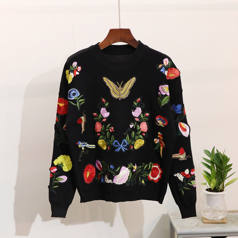 Autumn New Women Knitted Tracksuit Korean Embroidery Butterfly Flowers Casual Long Sleeve Sweater + Pants 2 Piece Set