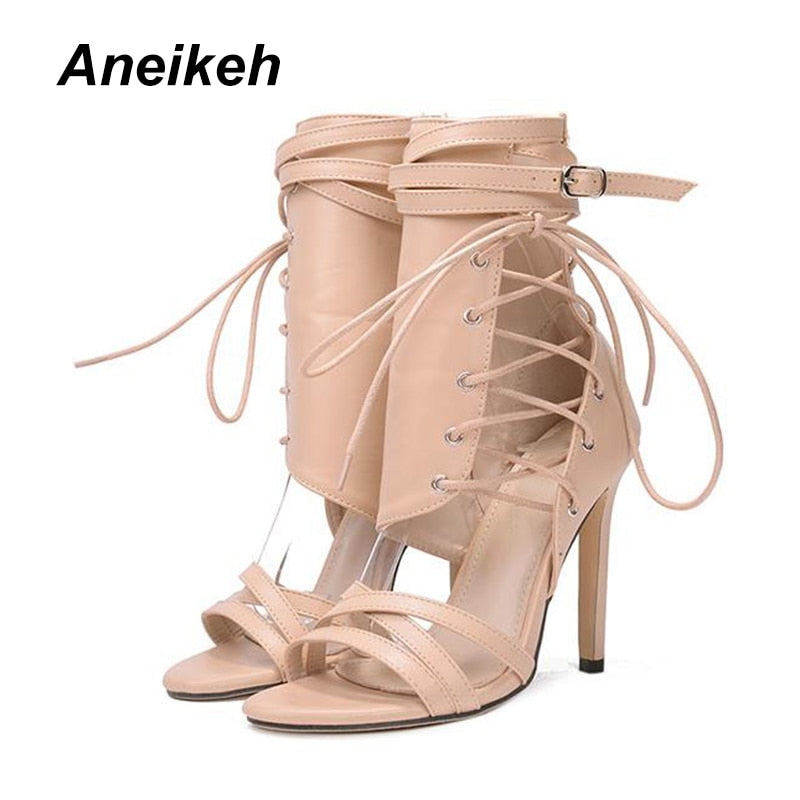 Aneikeh Roman Buckle Strap Shoes Women Sandals Sexy Gladiator Cross-Tied Lace Up Peep Toe High Heels Ankle Boots Black Aprict