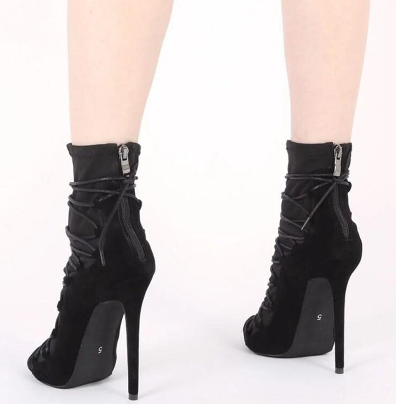 High Quality Women Fashion Open Toe Suede Leather Lace-up Gladiator Boots Super High Heel Ankle Boots Free Shipping