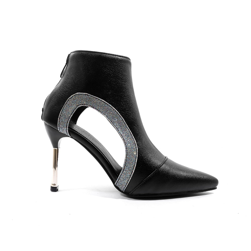 Fashion 2023 Spring Autumn Women Boots 9CM Thin Heels Hollow Leather Short Sandals Boot Black White Ladies Shoes Plus Size 42 43