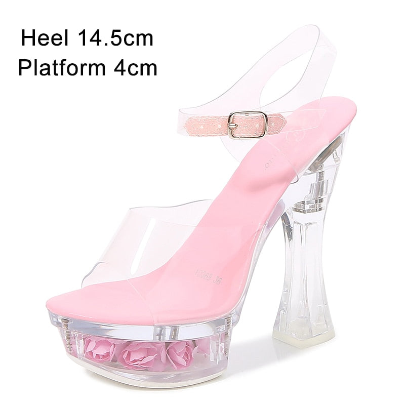 Glowing Sandals Women  New Flowers Transparent High Heels 14.5cm Platform Thick heel Ladies Banquet Shoes