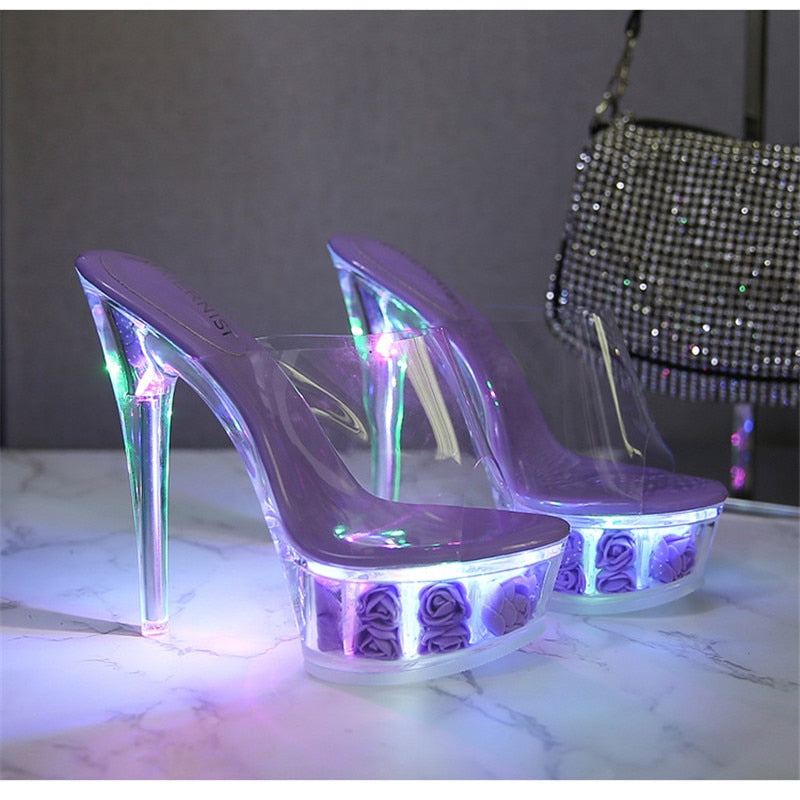 Light Up Glowing Shoes Woman Luminous Clear Sandals Women Platform Shoes Clear High Heel Transparent Stripper Wedding Shoes