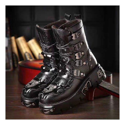 2022 Gothic Punk Men&#39;s Leather Boots Motorcycle Boots Platform Rubber Boots Black Warm Mid Calf Military Combat Boots Fashion47