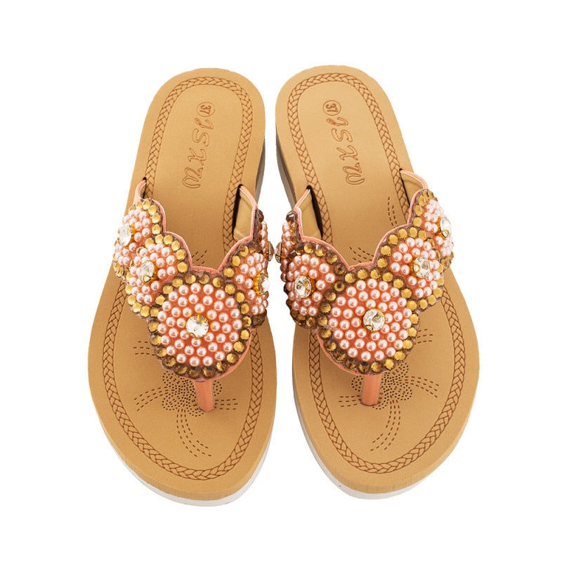 1 Pair Outside Summer Cute Fashion Women Sandals Ladies Flip Flops Comfortable Leisure Pearl Beach Shoes Female Beauty Slippers
