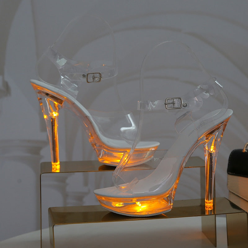 Light Up Glowing Shoes Woman Luminous Clear Transparent  Sandals Women Platform Shoes LED 13cm High Heel Stripper Heels Shoes