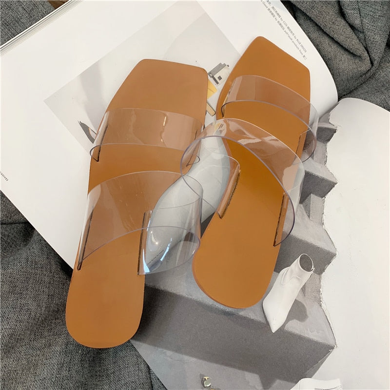2023 New Women Slipper Summer Crystal Heel Beach Transparent PVC Sandals Square Toe Slides Size 41 42 43