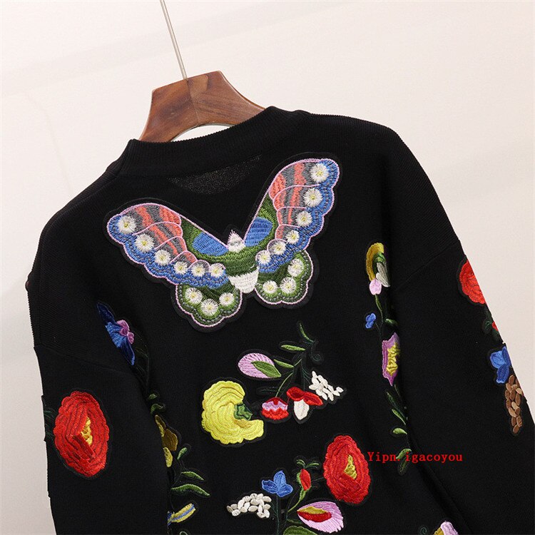 Autumn New Women Knitted Tracksuit Korean Embroidery Butterfly Flowers Casual Long Sleeve Sweater + Pants 2 Piece Set