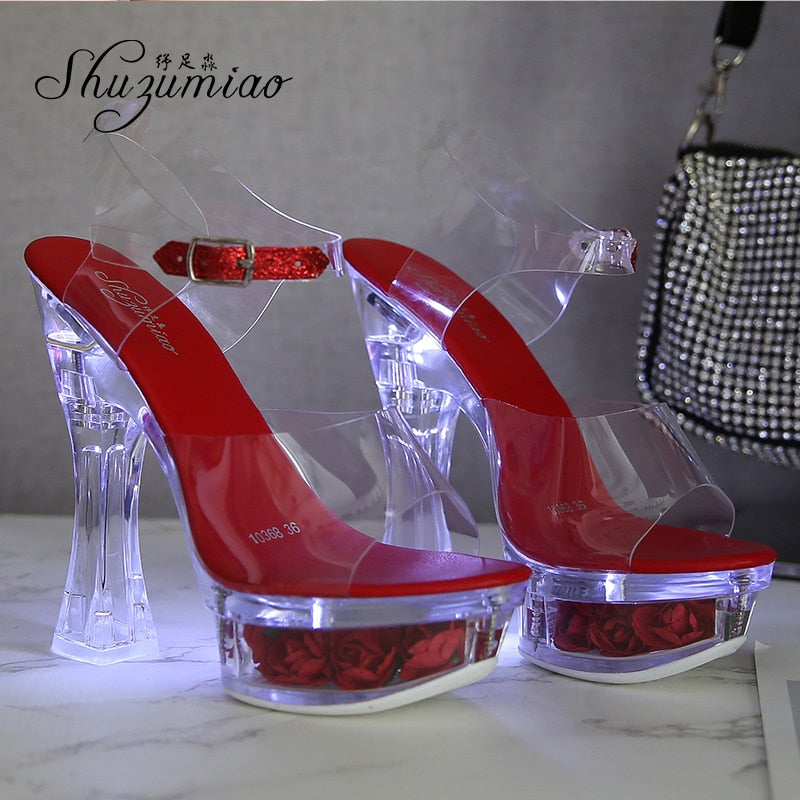 Glowing Sandals Women  New Flowers Transparent High Heels 14.5cm Platform Thick heel Ladies Banquet Shoes