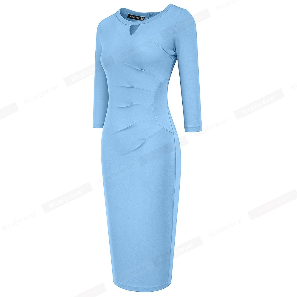 New Spring Solid Color Elegant Work Dresses Business Office Sheath Formal Fitted Women Dress B607