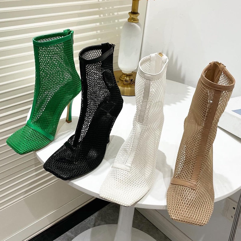 2023 New Design Green Black Square toe Mesh Stretch Fabric Sock Boots Fashion Sexy High Heels Sandals Shoes