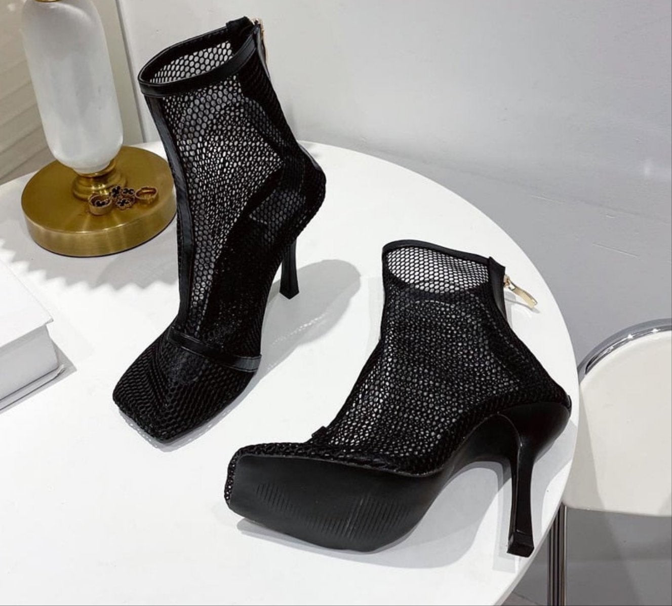 2023 New Design Green Black Square toe Mesh Stretch Fabric Sock Boots Fashion Sexy High Heels Sandals Shoes