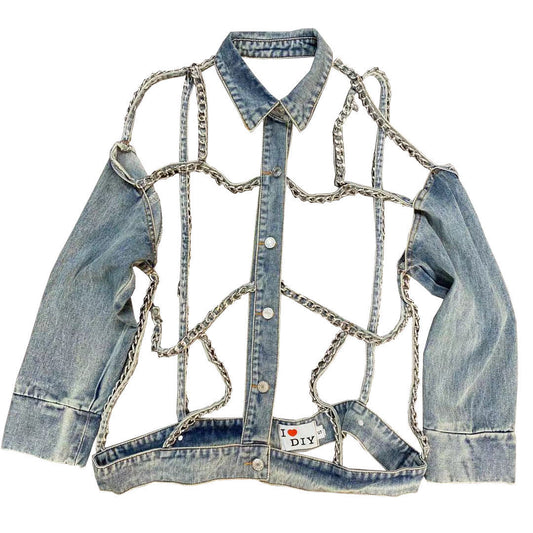 DEAT Women Personalized Fashion Metal Chain Holloe Out  Backless Denim Coat New Long Sleeve Fashion Autumn Autumn 2022 11D691
