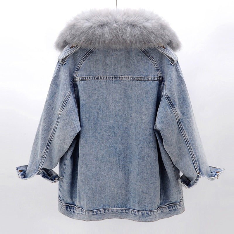 Removable Real Fox Fur Collar + Rabbit Fur Liner Denim Jacket Women Winter Loose Thick Warm Jeans Jackets Parka Female Outerwear