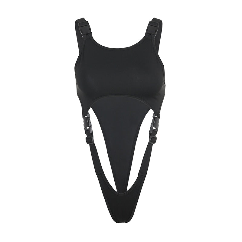 Cut Out Sexy Strap Bodysuit Lingerie With Buckle Off Shoulder Sleeveless Goth Techwear Body Women Rompers Rave Outfits