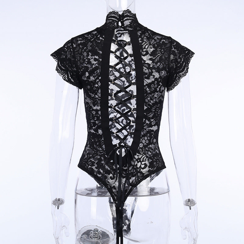 Femme Rompers Summer Body Backless Long Sleeve Skinny Sexy Femme Hollow Out Tops Party Women Black White Lace Bodysuits M0590