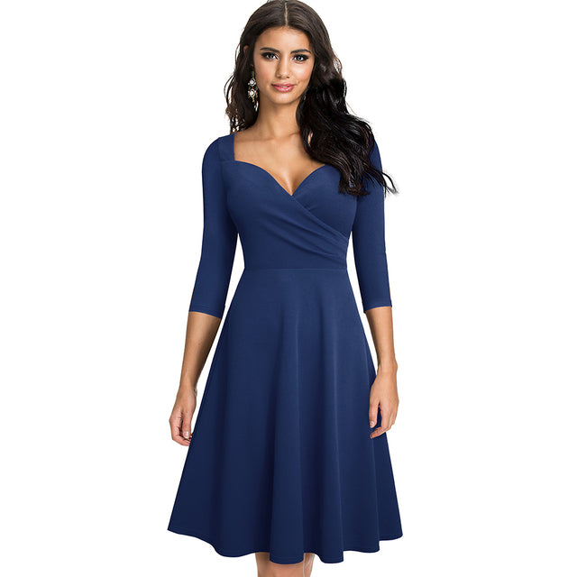 Women Fashion Solid Color Sexy Low Cut Dresses Cocktail Party Elegant Flare A-Line Dress