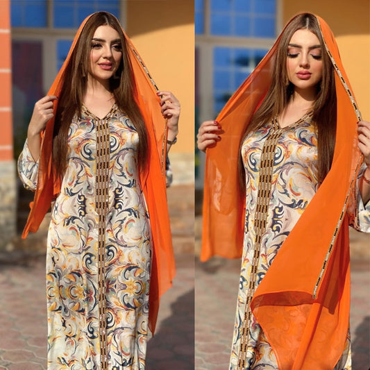 Fashion Floral Print Muslim Dress Women Dubai Arab Abaya Dubai Arabic Turkey Moroccon Kaftan Islamic Clothing India Gown Robe