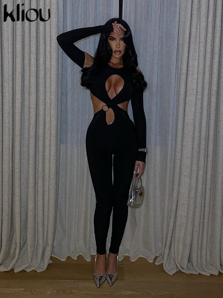 Hollow Out Backless Jumpsuits Women Sexy Off Shoulder Long Sleeve Cleavage Body-Shaping Overall Female Clubwear Outfit