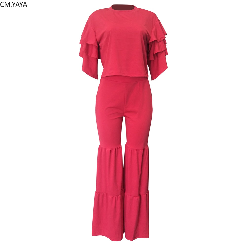 New Autumn Winter Women set Tracksuit O Neck Petal Sleeve Top Flare Pants Suit Two Piece Set Solid Night Club Outfits LS6326