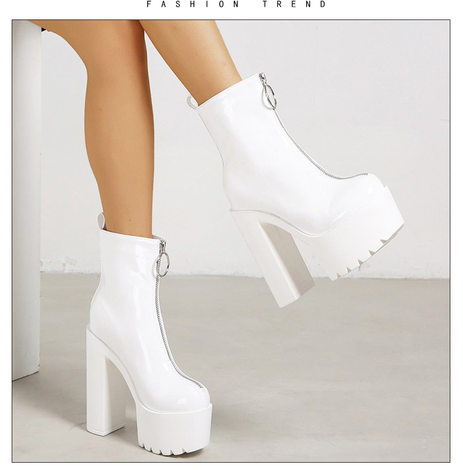 Chunky Sole Platform Heeled Boots for Women Front Zipper Faux Patent Leather Comfy Chelsea Booties Mid Calf Party Heels