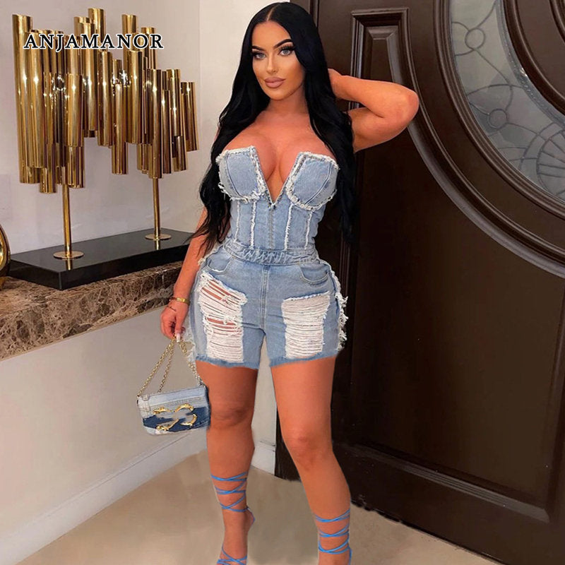Ripped Jean Shorts Jumpsuit Women Summer One Pieces Club Outfits Strapless Denim Rompers Streetwear