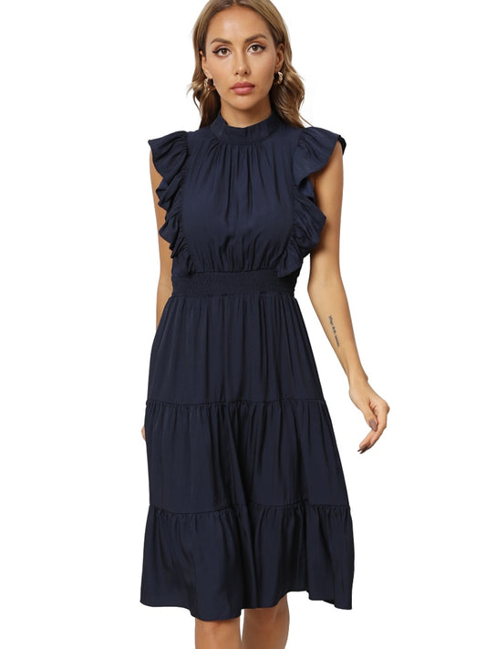 Summer Women Chic Ruffle Neck Plain Dresses Casual Party Elegant Flare Tiered Dress
