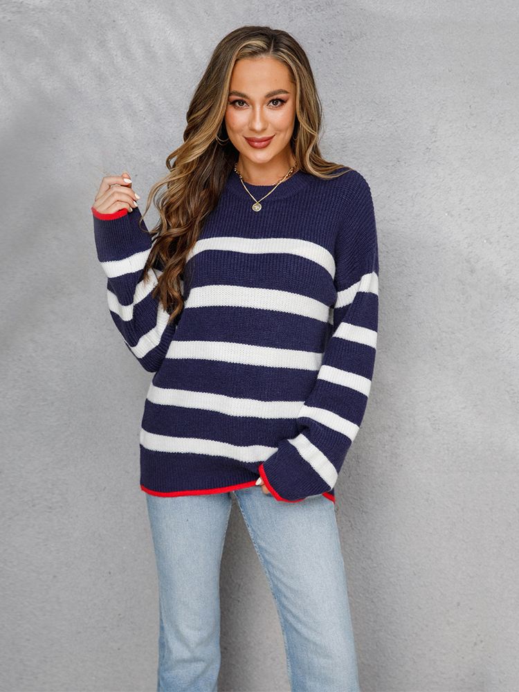 Ladies Fashion Brand Autumn Winter Sweater Women Pullovers Loose Striped Casual Knitted Chic Women Sweater Jumper Tops Female