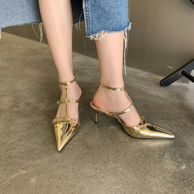 Spring New Gold Silver Pumps Women Fashion Pointed Ladies Elegant Thin High Heel Hollow Out Dress Sandalias De Mujer