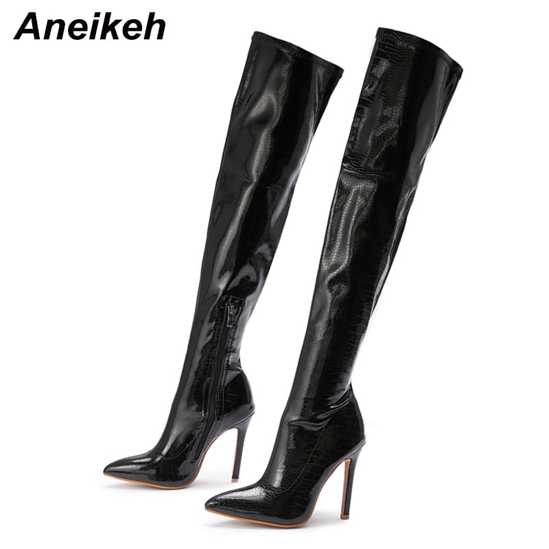 Aneikeh NEW  Fashion Striped 11CM Thin Heels Ladies  Boots 2 Sexy Over-the-Knee Side Zipper Slip-On Pointed Toe  Shoes