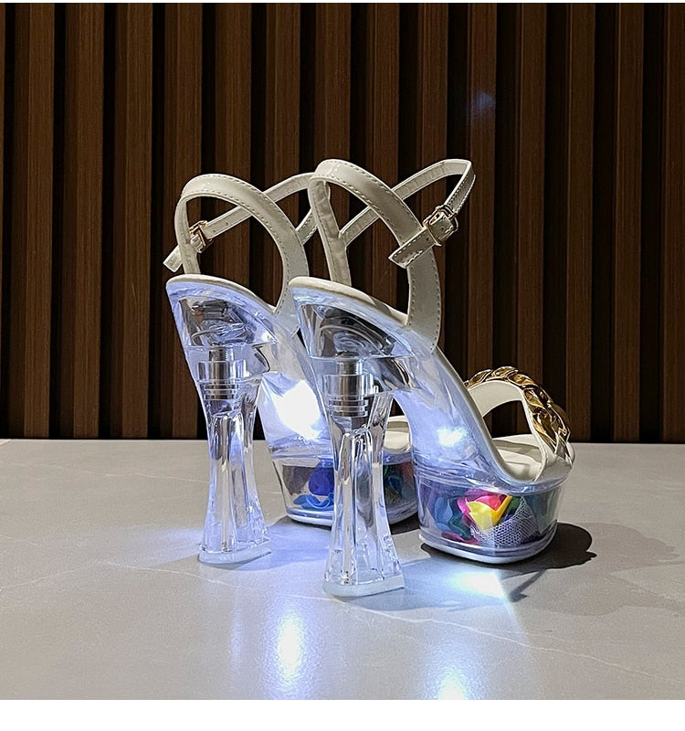 Light Up Glowing Shoes Woman LED Luminous Club Stripper Chain Sandals Transparent Hollow Waterproof Platform Wedding Heels Shoe