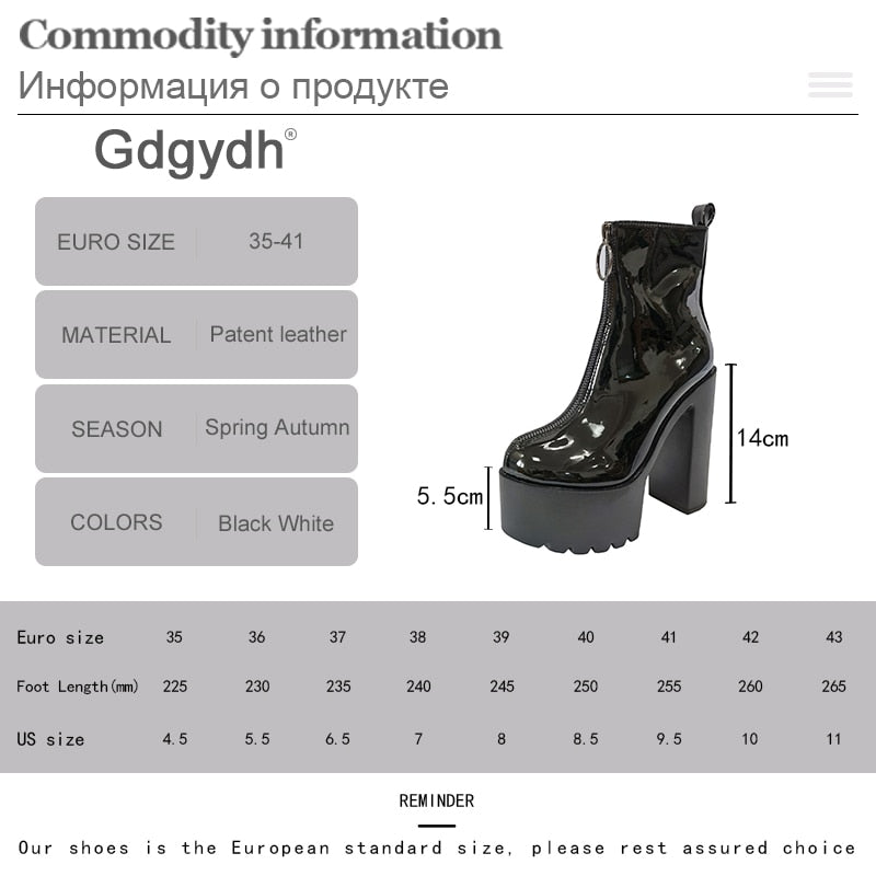 Chunky Sole Platform Heeled Boots for Women Front Zipper Faux Patent Leather Comfy Chelsea Booties Mid Calf Party Heels
