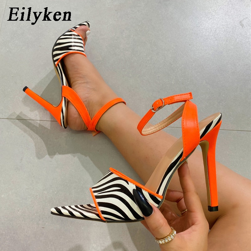 Zebra Print Pointed Toe High Heels Women Sandal Fashion Mixed Color Buckle Strap Summer Sexy Stripper Shoes Sandalias