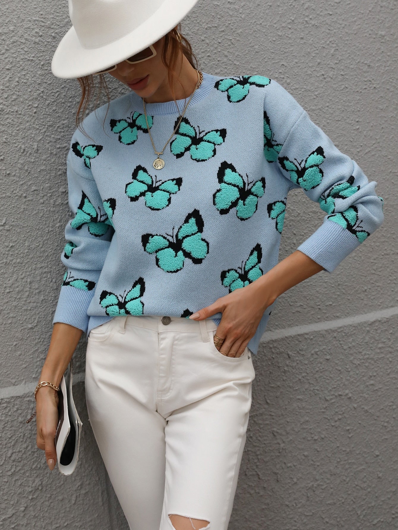 O Neck Butterfly Print Sweater Women Long Sleeve Knitted Sweaters Autumn Winter Pullover Ladies Tops Loose Jumper Pull Femme
