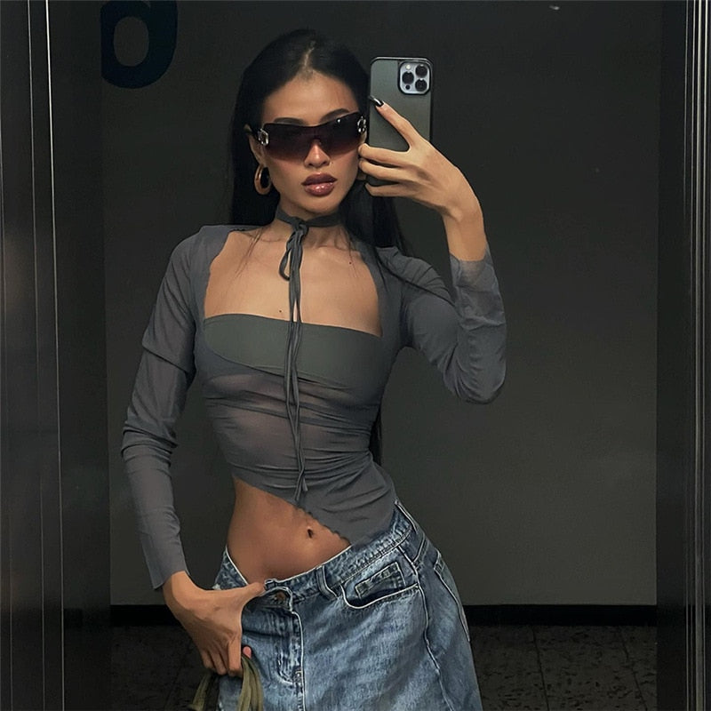 Fashion Mesh Sheer Halter Tops Women Square Collar Short Sleeve T-Shirts Top Tee Cropped Y2K Club Party Streetwear