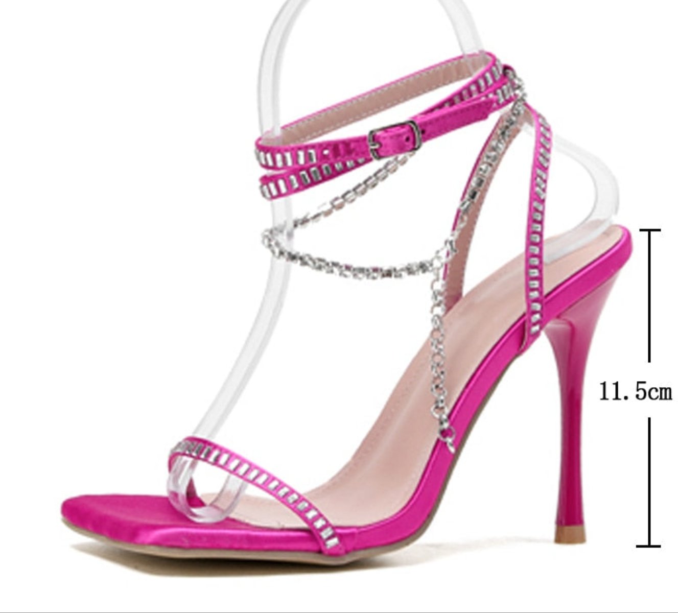 2023 New Sexy Satin Chain Crystal Sandals Women Ankle Strap Summer Party Wedding Banquet Shoes Square Toe High Heels