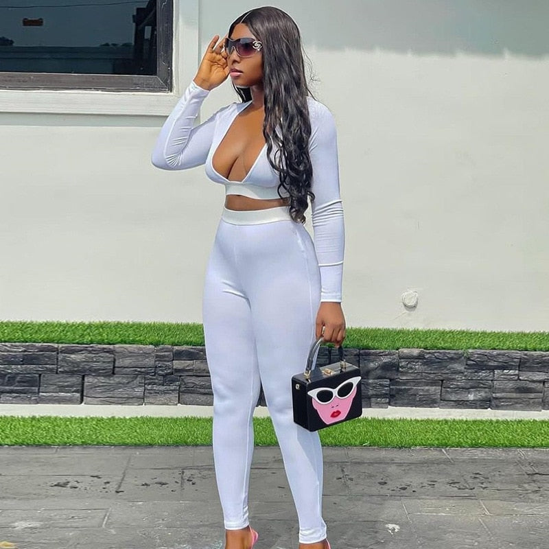Baddie 2 Piece Sets Women Outfit Spring 2023 Sexy Tracksuit Athleisure Deep V Crop Top and Pants Matching Sets