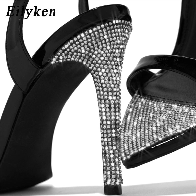 Plus 35-42 Crystal Pointed Toe Buckle Strap Women Sandals Thin Heels Golden Female Party Stripper Shoes