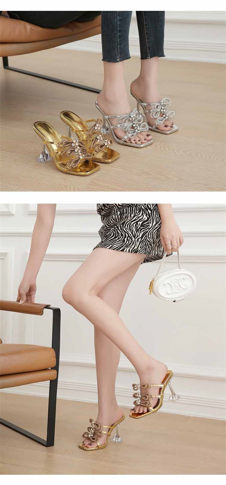 Transparent Slippers For Women 2023 Summer Fashion CRYSTAL Butterfly-Knot Designer Sandals Clear Heels Female Shoes