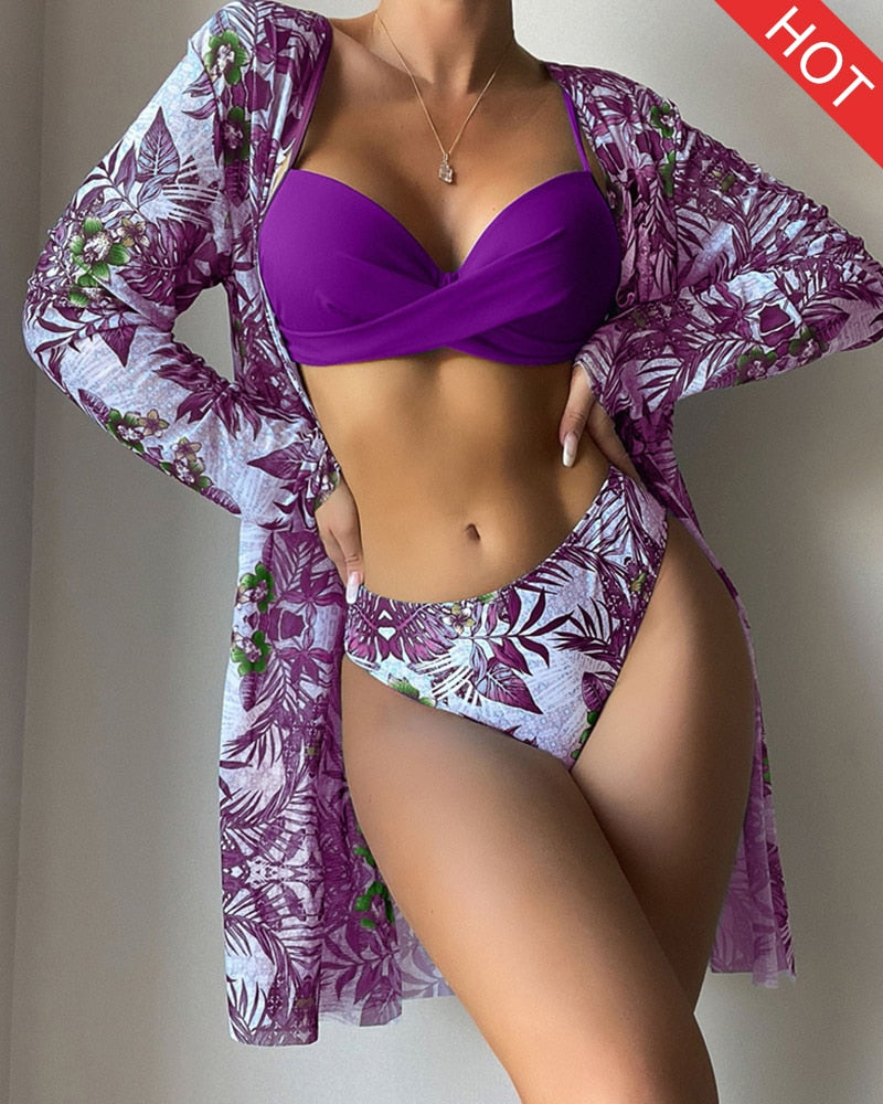 Floral Twist Low Waist Bikini Set Cover Up Swimsuit For Women Push Up Long Sleeve Three Pieces Swimwear 2023 Beach Bathing Suits