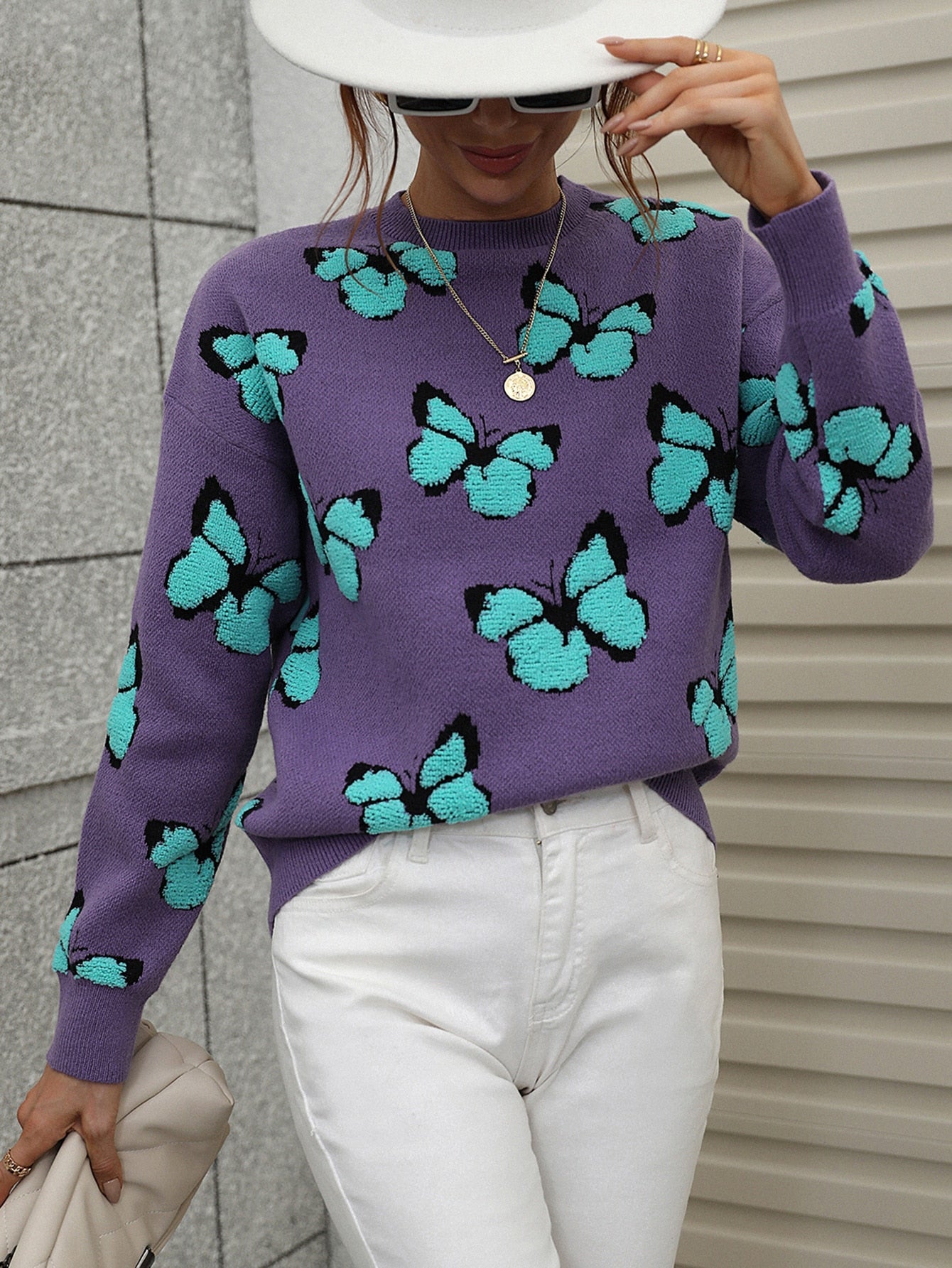 O Neck Butterfly Print Sweater Women Long Sleeve Knitted Sweaters Autumn Winter Pullover Ladies Tops Loose Jumper Pull Femme