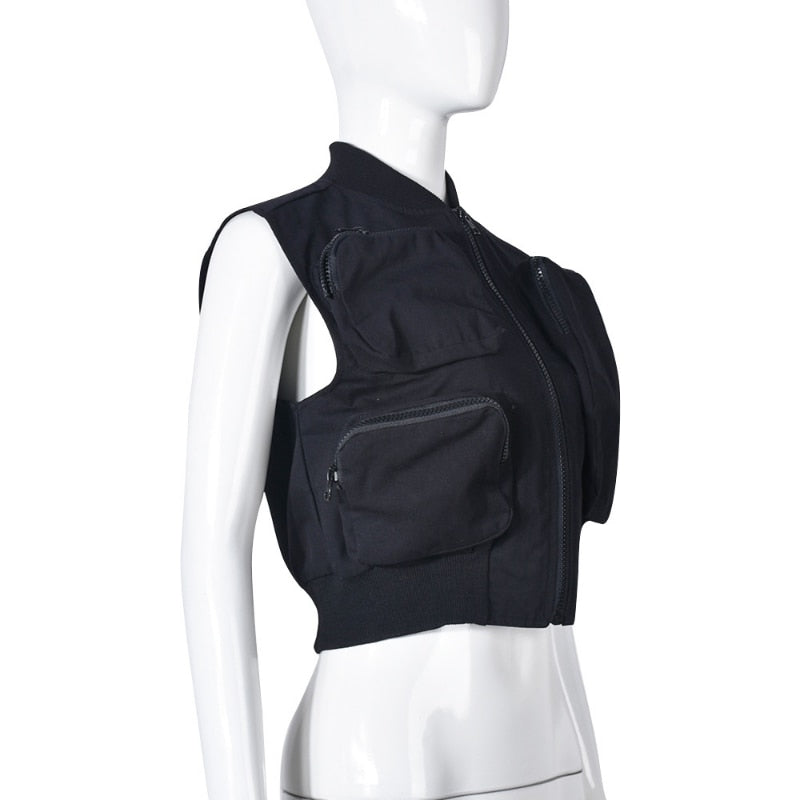 Pockets Zip Up Sleeveless Jacket Black Vest Streetwear Women Clothing 2023 New In Coats  Jackets Outer wears
