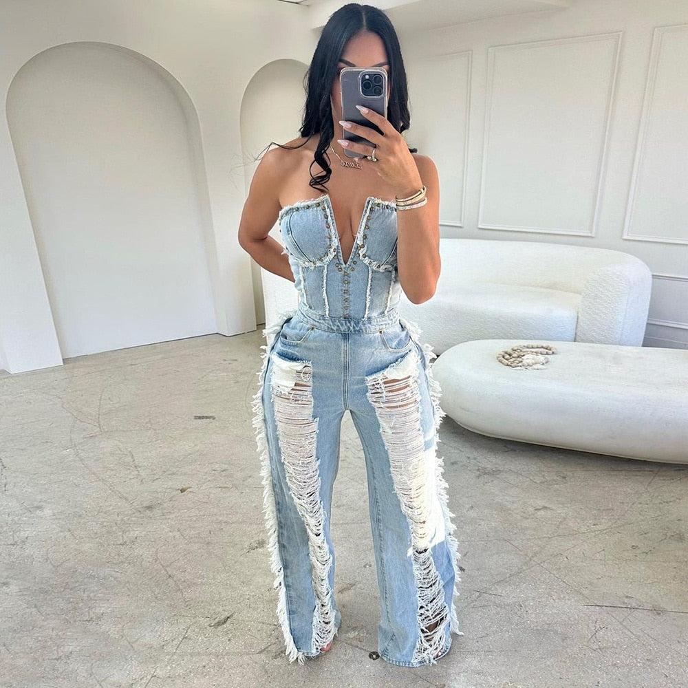 Tassel Hollow Out  Overalls For Women Studded Diamond Strapless Backless Jeans Street Fashion Trend Jumpsuite Femme
