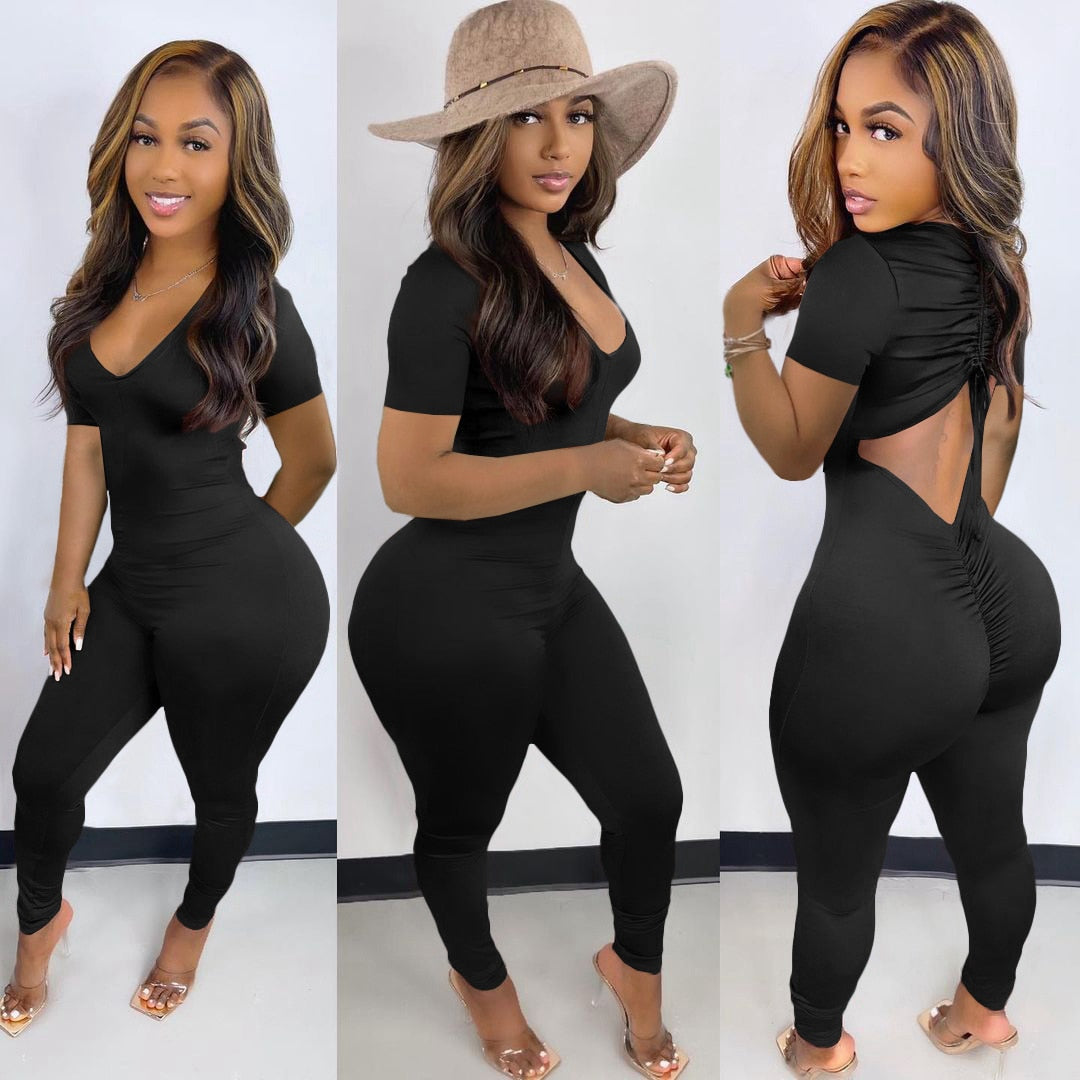 Women Long Sleeve Ruched Open Back V-neck Jumpsuit Streetwear Sexy Party Solid High Waist One Piece Overall Playsuits