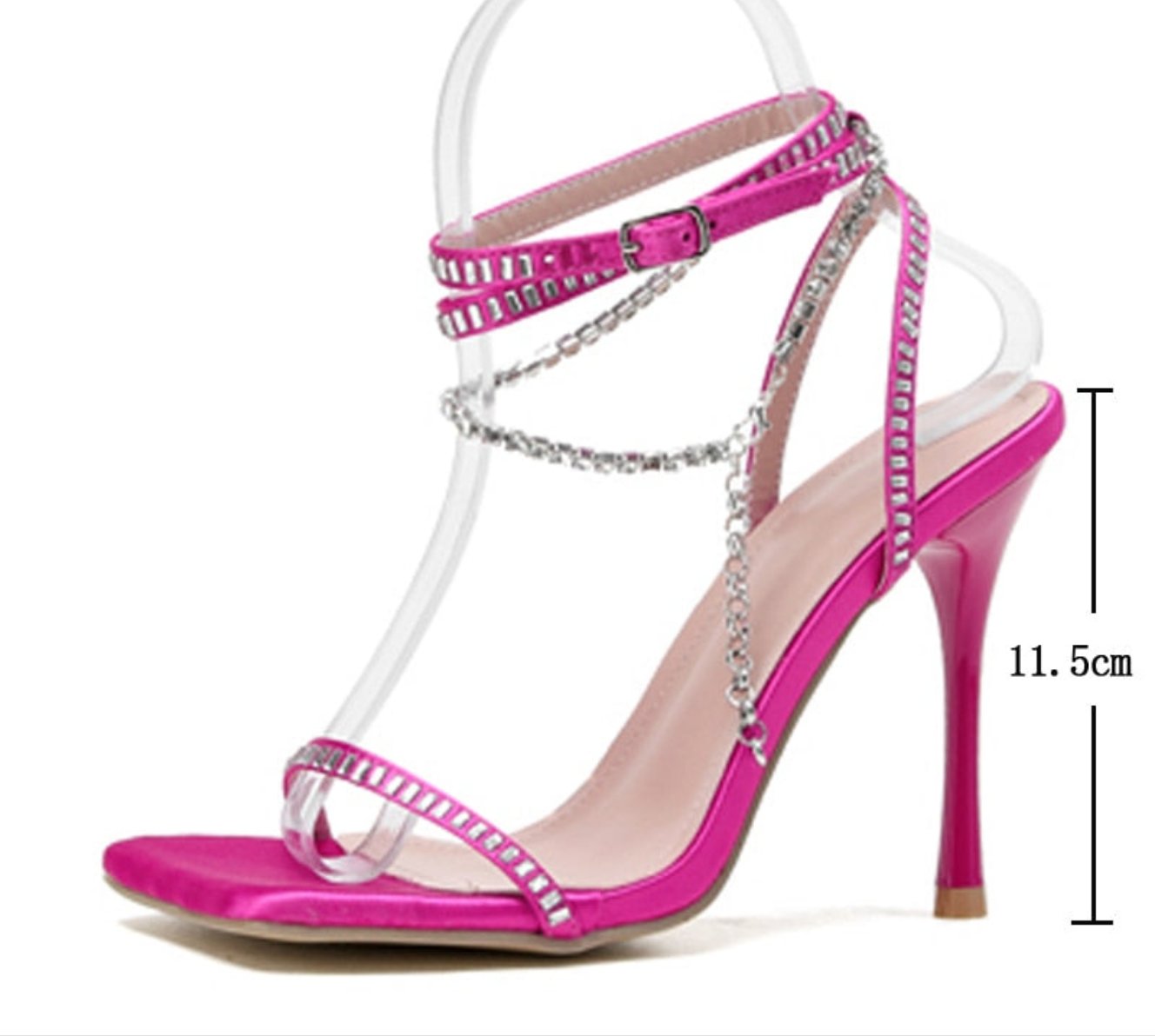 2023 New Sexy Satin Chain Crystal Sandals Women Ankle Strap Summer Party Wedding Banquet Shoes Square Toe High Heels