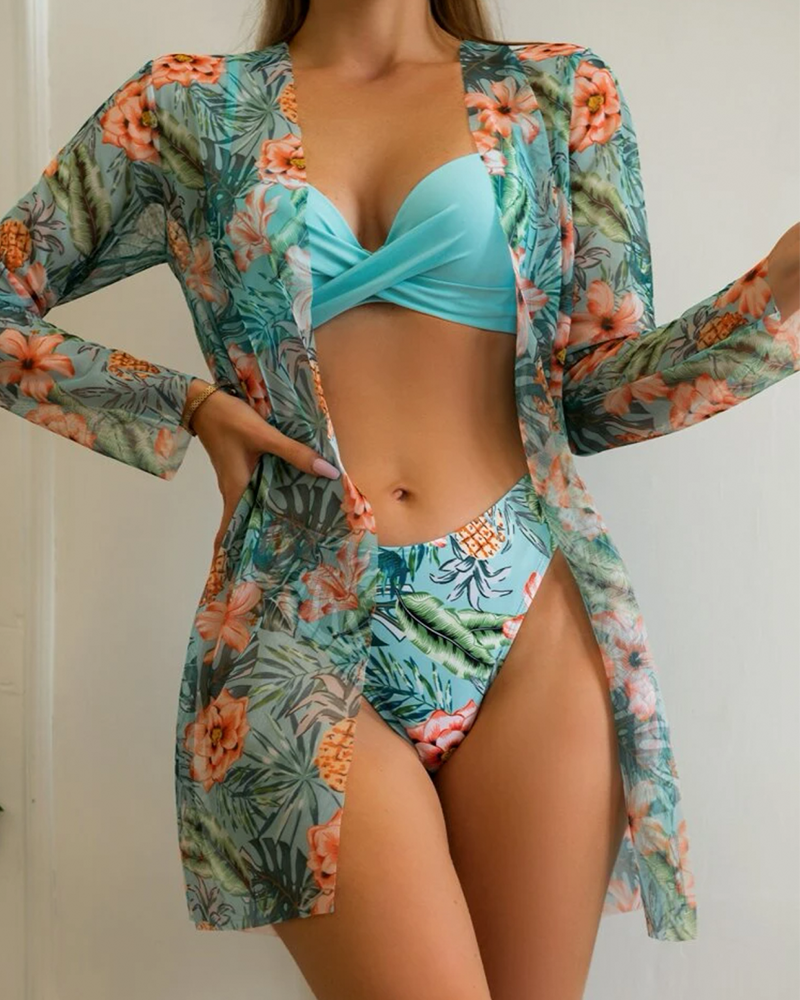 Floral Twist Low Waist Bikini Set Cover Up Swimsuit For Women Push Up Long Sleeve Three Pieces Swimwear 2023 Beach Bathing Suits