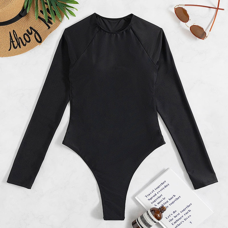 Luxury Rhinestones Swimwear Women Solid Black Long Sleeve Backless Diamond One Piece Swimsuit 2023 Beach Bathing Suit Monokini