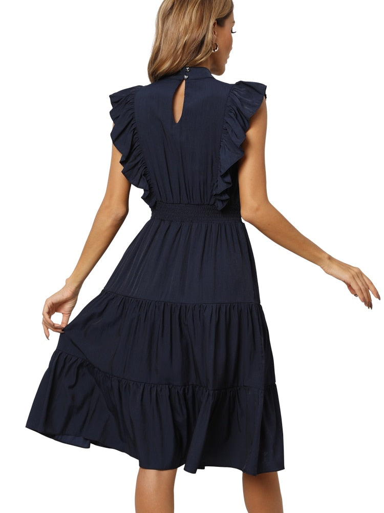 Summer Women Chic Ruffle Neck Plain Dresses Casual Party Elegant Flare Tiered Dress